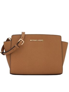 Michael Kors Selma Crossbody Medium Saffiano Leather Cognac Brown Structured